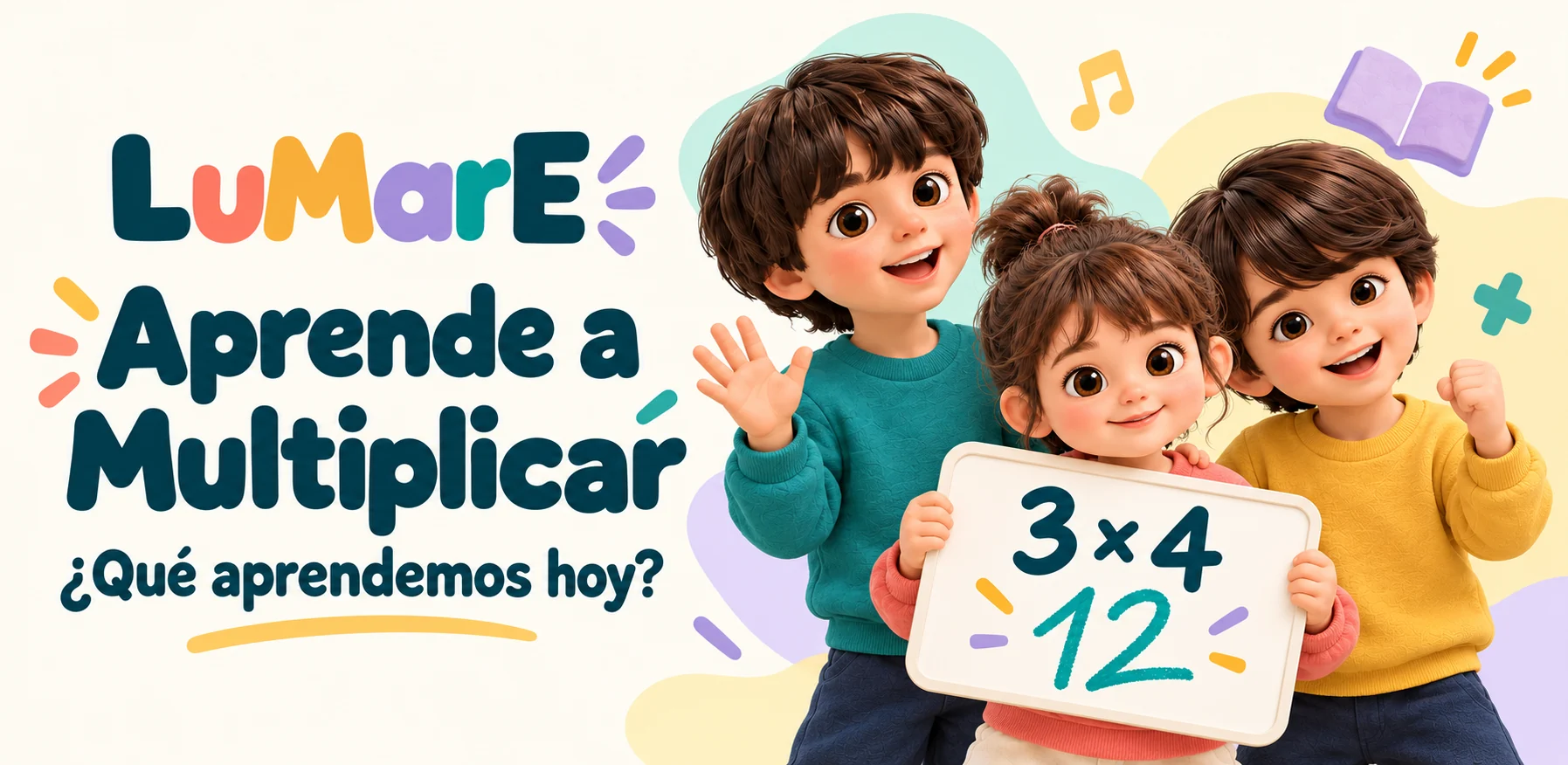 The three LuMarE characters: two boys and the girl in pink holding a board with 3 × 4 = 12.