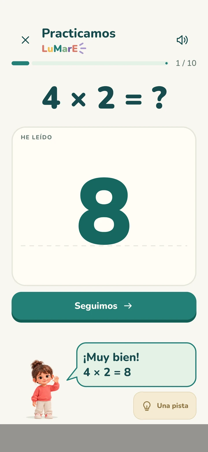 Actual Learn to Multiply practice screen in Spanish: 4 × 2, recognised answer 8 and encouraging feedback from the girl.